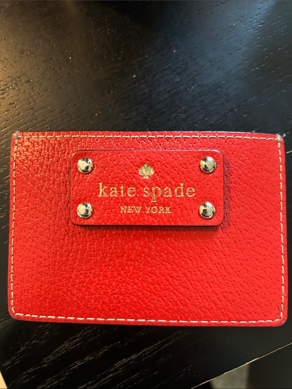 kate spade Red Pebbled Leather Card & Key Holder with Gold Plaque